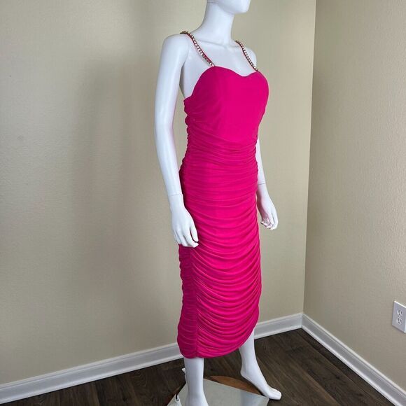 Cache Womens Size S Pink Ruched Bodycon Jeweled Midi NEW Dress Sexy Barbie Party - Picture 15 of 15